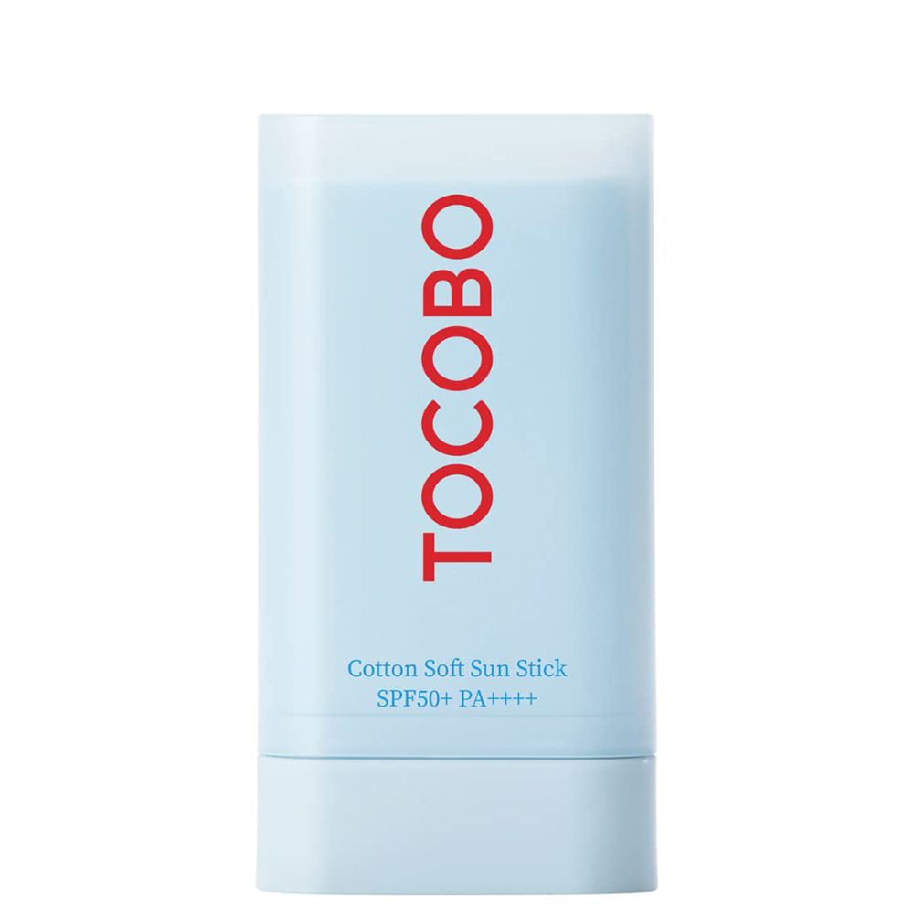 TOCOBO Cotton Soft Sun Stick, SPF50+ PA++++. Hellblauer Stick mit rotem Markennamen.