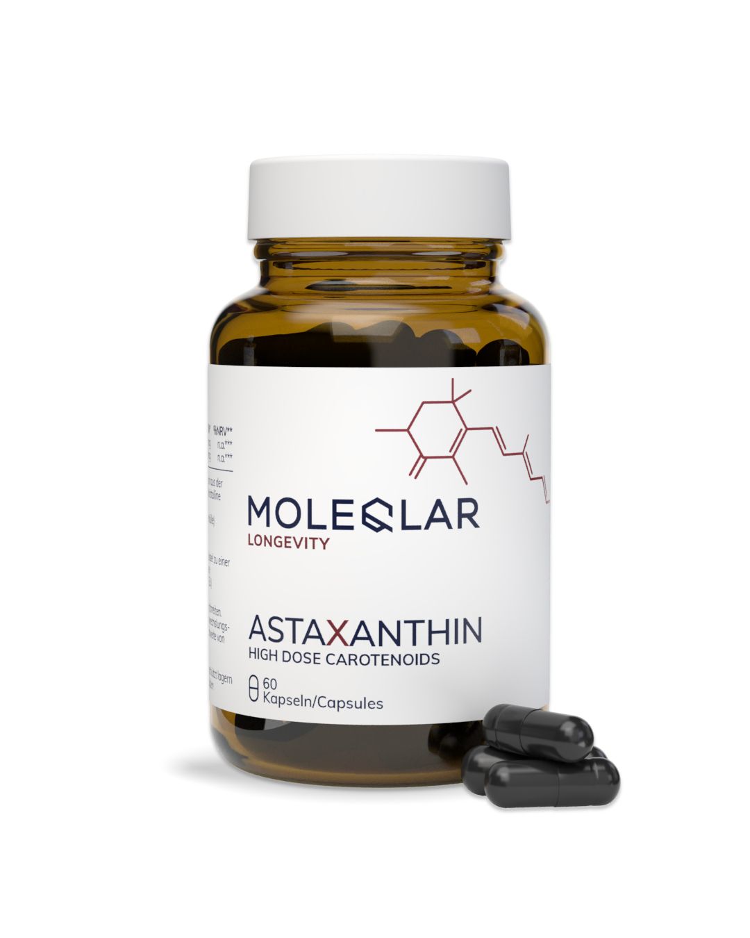 Braune Glasflasche mit weißem Deckel, gefüllt mit dunklen Kapseln. Etikett zeigt MoleQlar Astaxanthin.