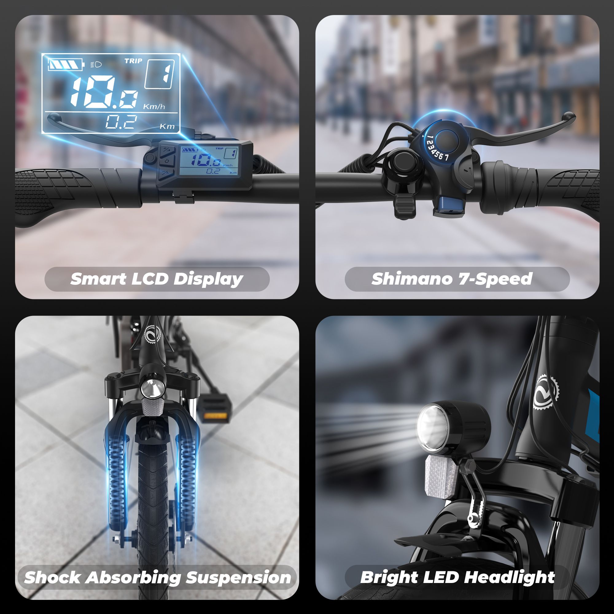 Nahaufnahmen von E-Bike-Komponenten: LCD-Display, Shimano 7-Gang, Federung, LED-Scheinwerfer. VARUN-Logo sichtbar.