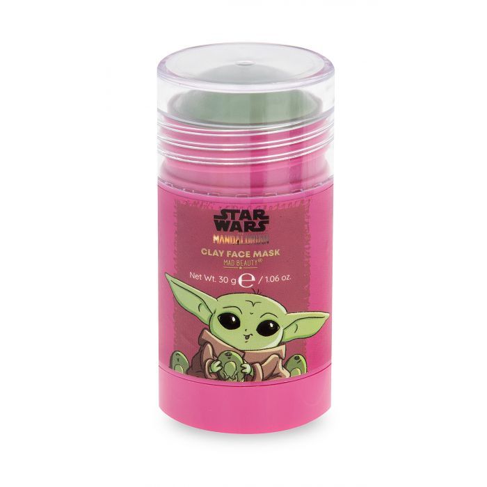 Zylindrische Gesichtsmaske mit Star Wars-Motiv. Rosa Behälter mit durchsichtigem Deckel. Aufdruck mit Baby Yoda und Produktbezeichnung.