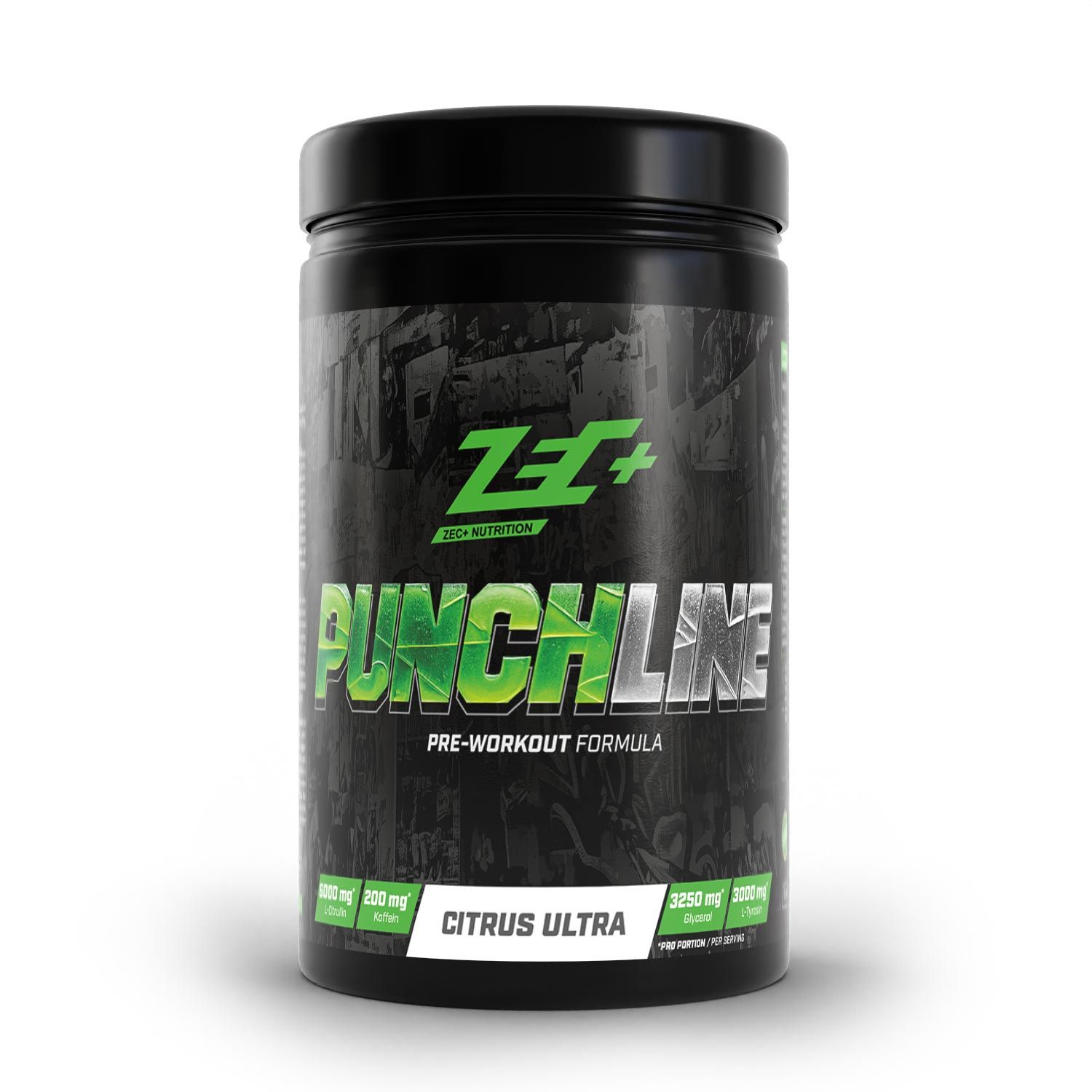 Schwarze Dose mit grünem Logo und Schriftzug PUNCHLINE Citrus Ultra. Pre-Workout Formula. Weiße und grüne Schrift.