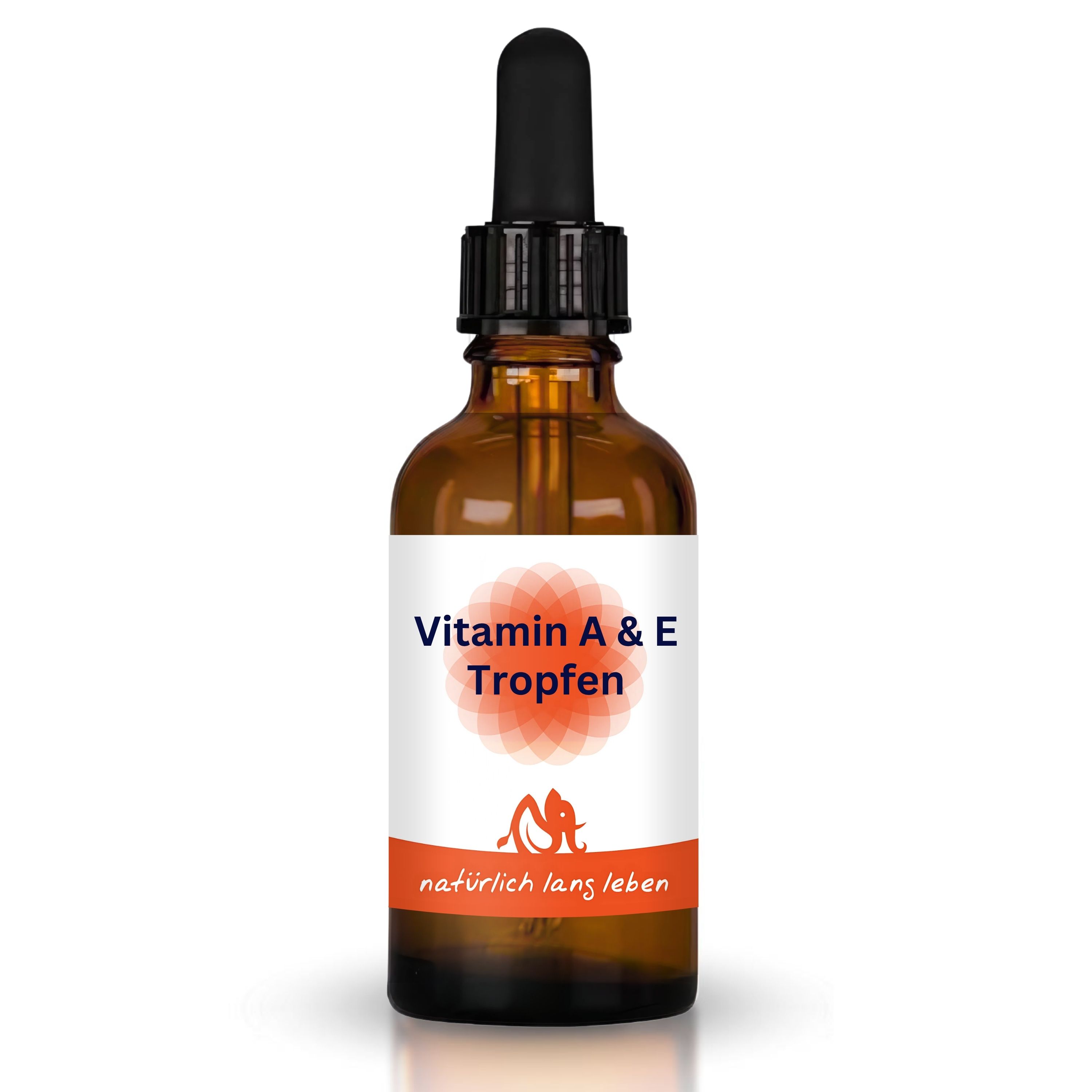 Braune Glasflasche mit schwarzem Tropfer. Etikett mit "Vitamin A & E Tropfen" und Logo. Schriftzug "natürlich lang leben".