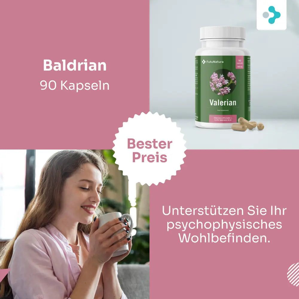 Frau mit Tasse, Flasche Baldrian-Kapseln. "Unterstützen Sie Ihr psychophysisches Wohlbefinden."