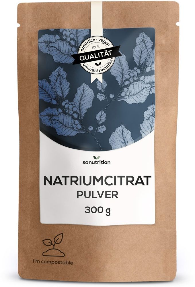 Sanutrition Natriumcitrat Pulver 300g in brauner Papiertüte mit Blattmotiv und Qualitätssiegel.