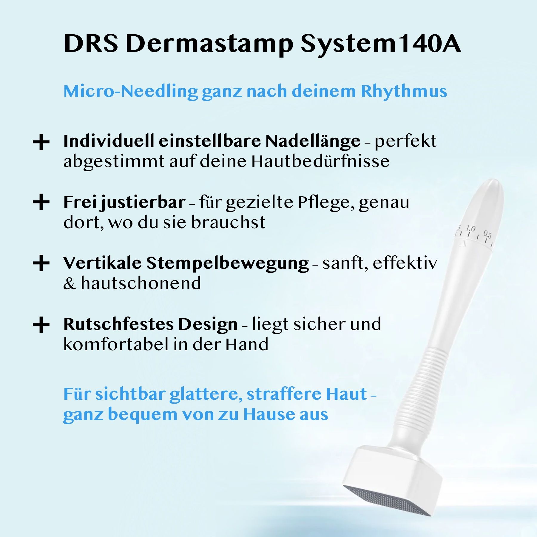 Weißer Derma Stamp mit Text. Text: Individuell einstellbare Nadellänge, rutschfestes Design.
