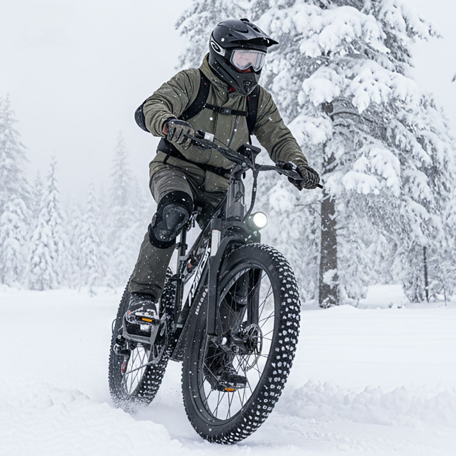 Person fährt ein schwarzes E-Bike im Schnee. Der Fahrer trägt Schutzkleidung und einen Helm.