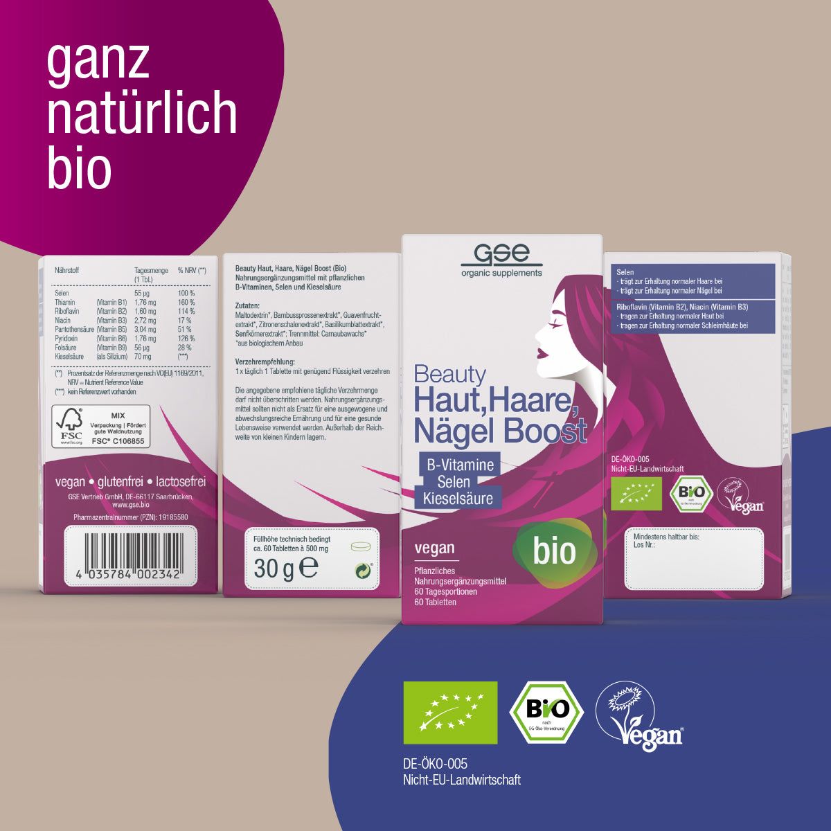 Drei Packungen Beauty Haut, Haare, Nägel Boost. Bio-Siegel. Text: vegan, glutenfrei, lactosefrei. FSC-Siegel.