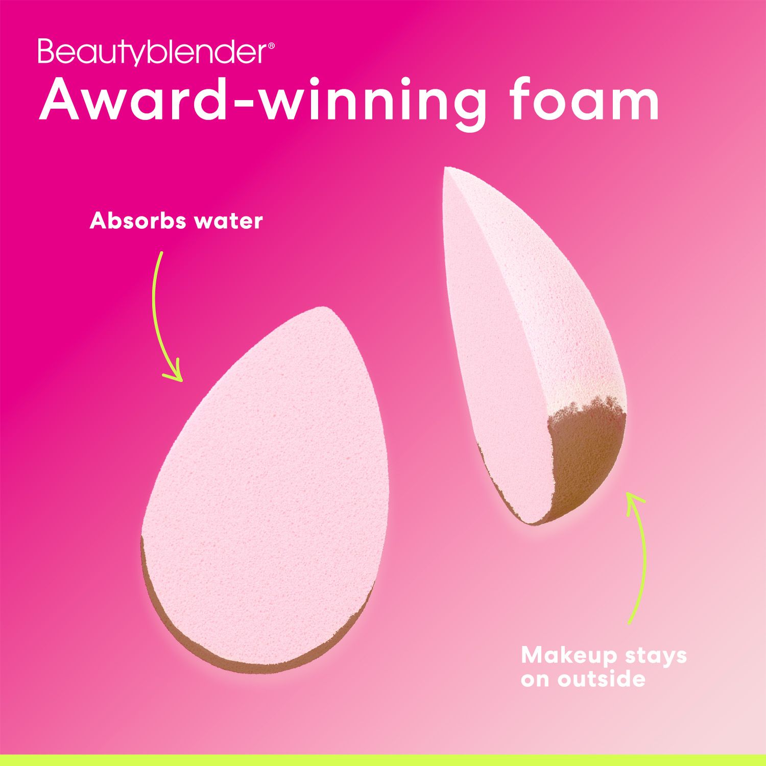 Beautyblender-Schwamm, der Wasser absorbiert. Text: Award-winning foam, Makeup stays on outside. Rosa Hintergrund.