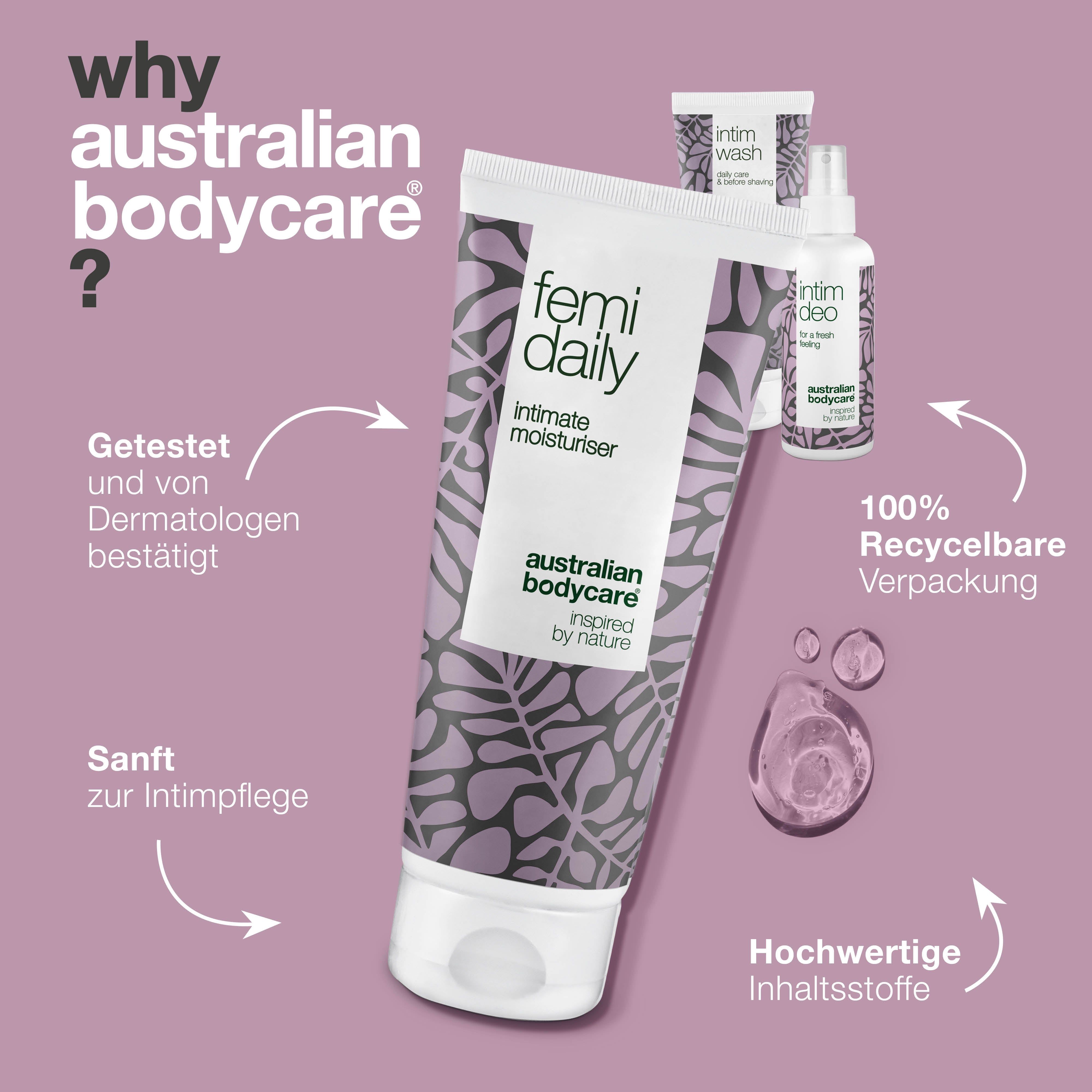 Femi Daily, Intim Wash, Intim Deo. Text: Warum Australian Bodycare? Vorteile, recycelbare Verpackung.