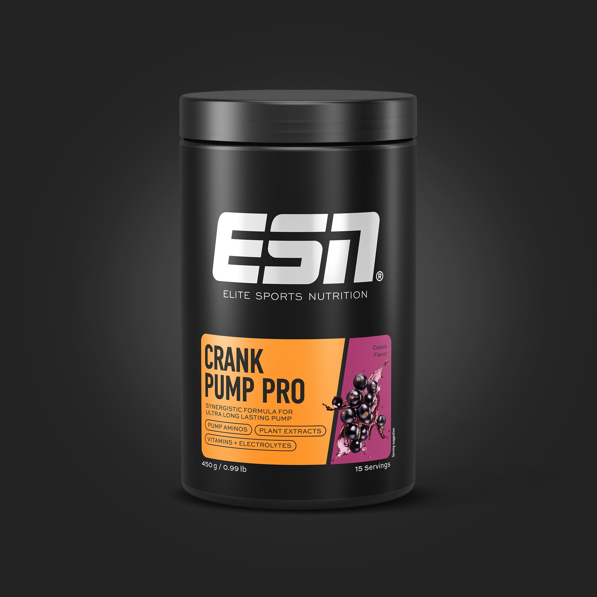 Schwarze Dose mit ESN-Logo und Aufschrift Crank Pump Pro. Orangefarbenes Etikett. Produktabbildung vor dunklem Hintergrund.