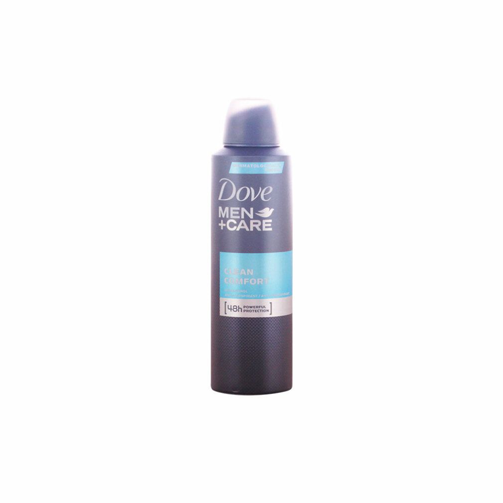 Deodorant-Spray, dunkelgraue Dose mit blauem Deckel. Schriftzug Dove Men+Care, Clean Comfort. 48h Schutz.