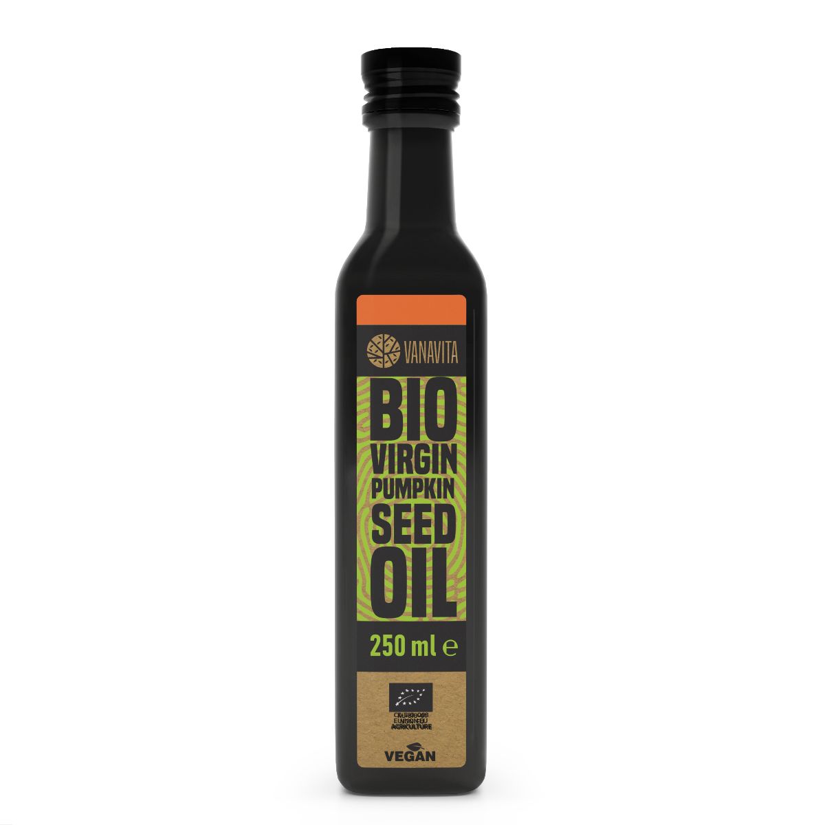 Dunkle Glasflasche mit schwarzem Verschluss. Etikett mit Bio-Siegel und "BIO VIRGIN PUMPKIN SEED OIL".