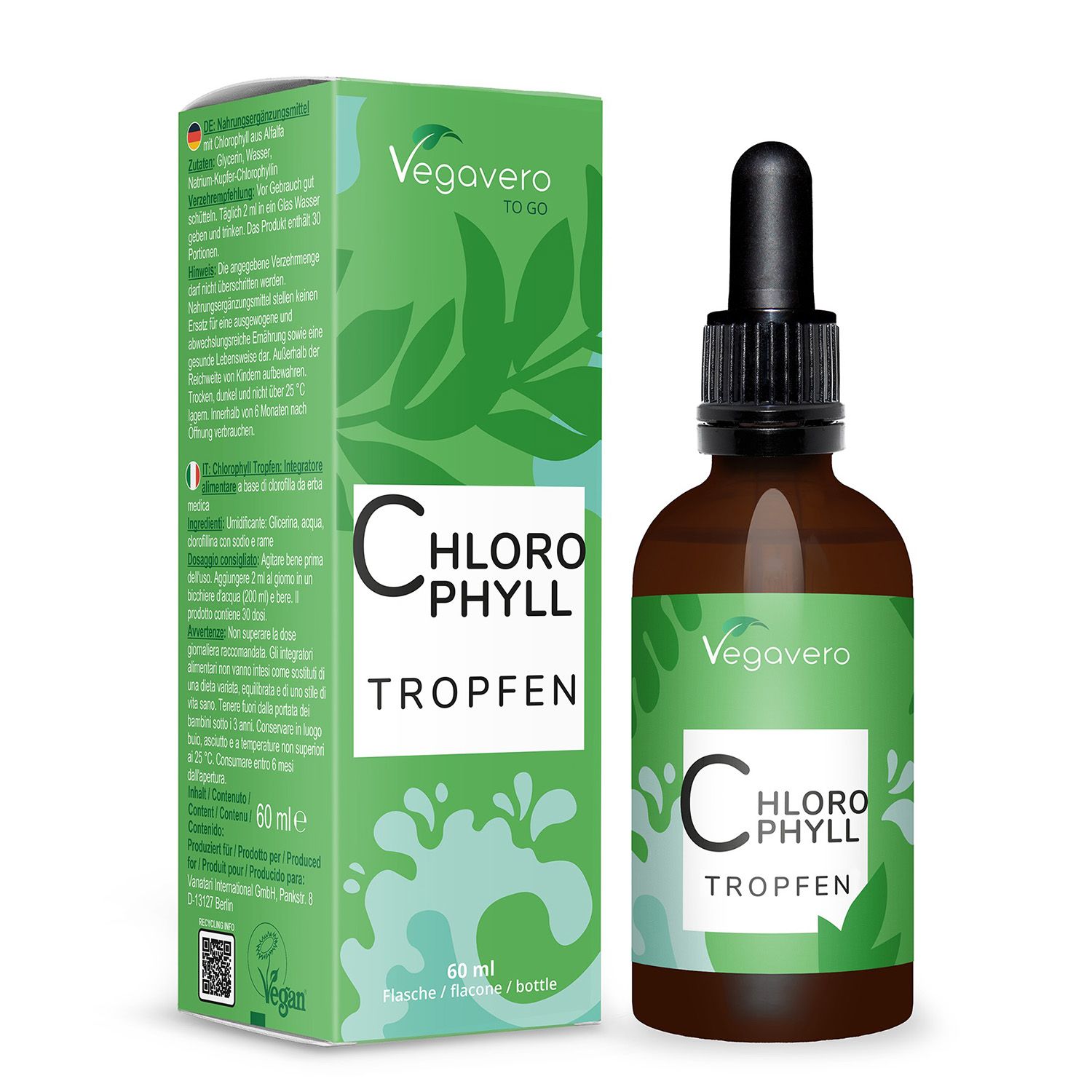 Braune Glasflasche mit Tropfer und grüner Etikettierung. Daneben eine grüne Verpackung mit Produktinformationen. Aufschrift: Chlorophyll Tropfen.