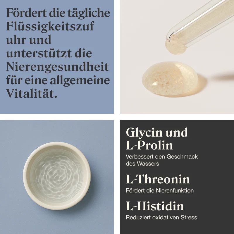 Stylla Hydration: Glycin, L-Proline, L-Threonin, L-Histidin. Fördert Flüssigkeitszufuhr und Nierenfunktion.