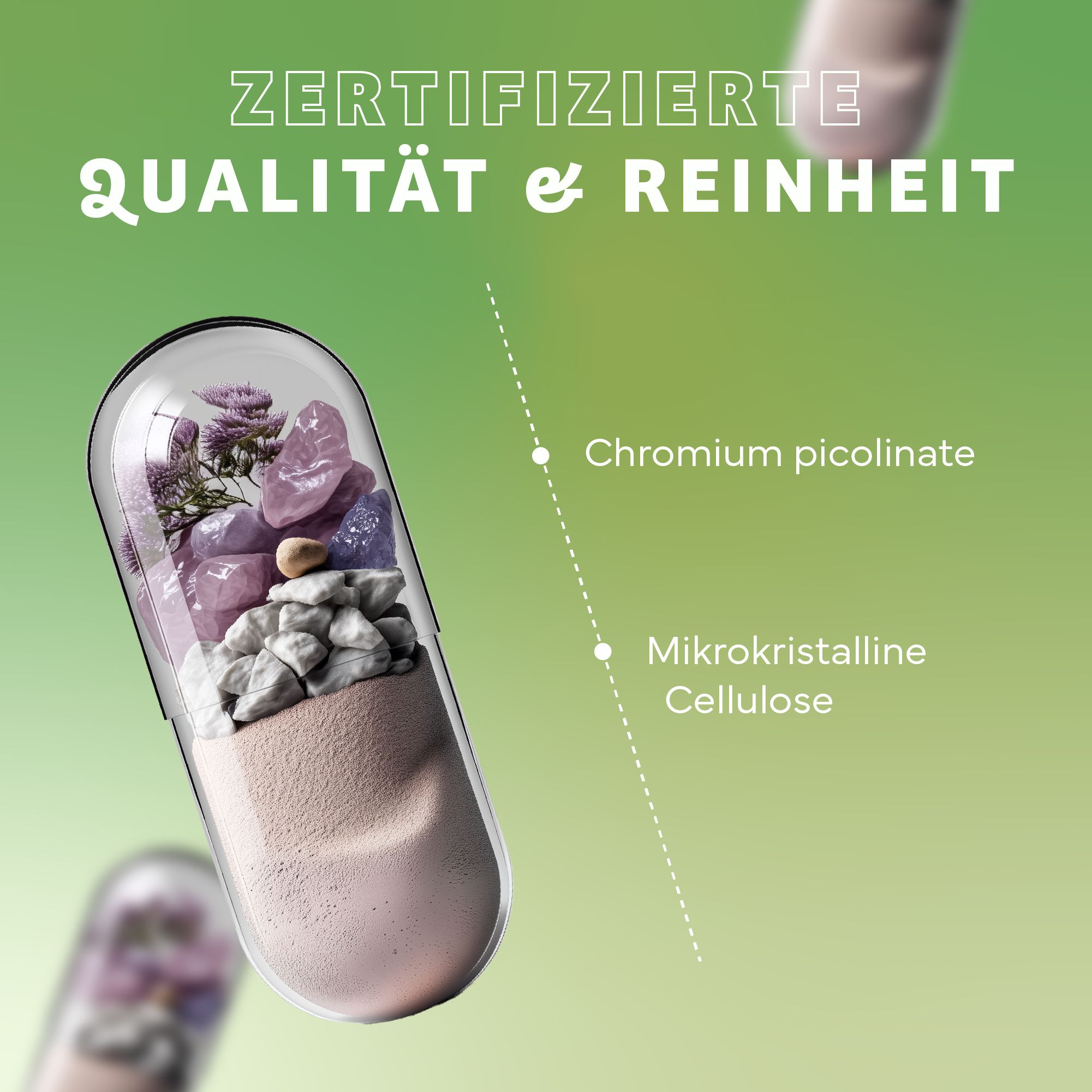 Kapsel mit Inhalt, teilweise transparent. Inhalt: Steine, Kristalle und Pulver. Text: Zertifizierte Qualität & Reinheit. Inhaltsstoffe.