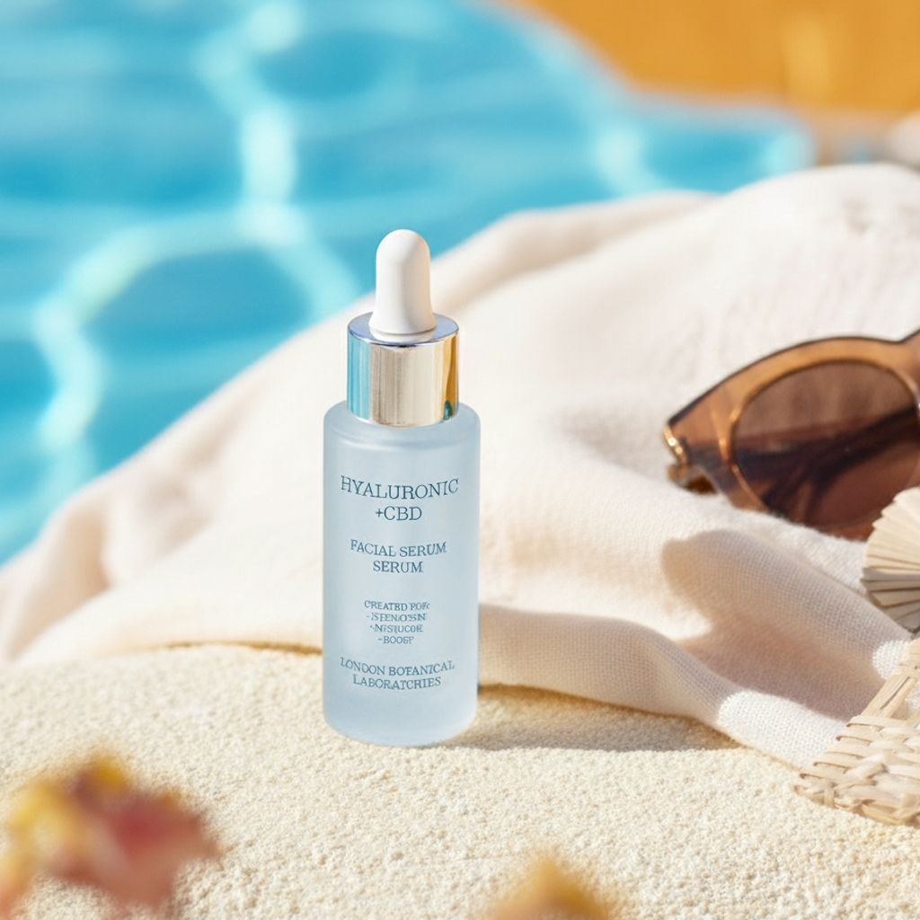 Hyaluronsäure + CBD Serumflasche neben einem Handtuch und Sonnenbrille am Pool.