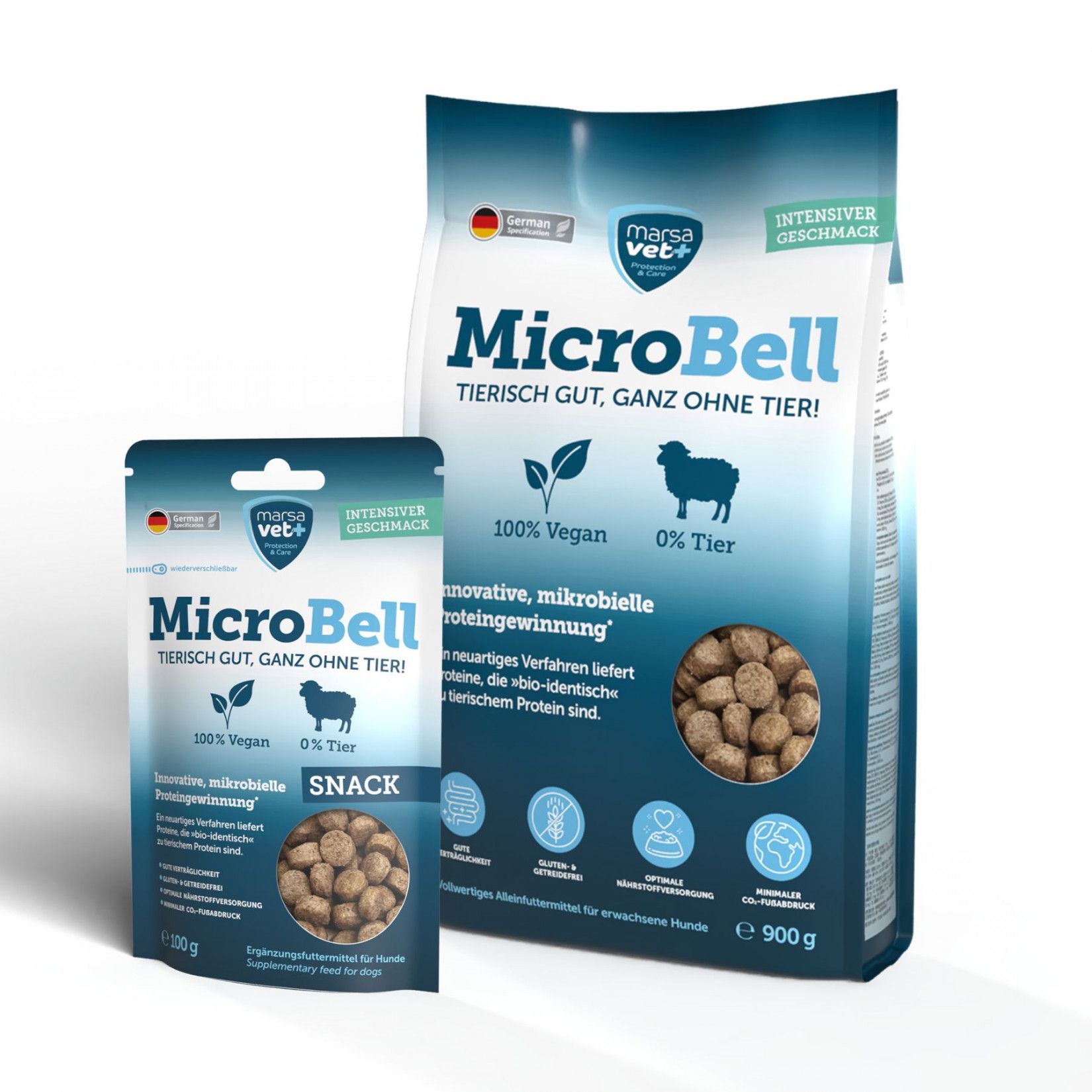 Zwei Beutel Marsavet MicroBell Hundefutter. Ein kleiner Snack-Beutel und ein größerer Beutel mit Futter. Beide zeigen das Produkt und die Inhaltsstoffe.