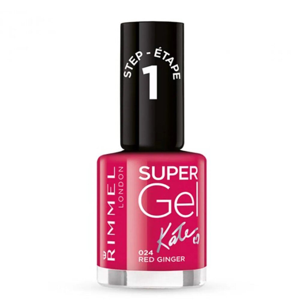 Rimmel Super Gel Nagellack, rot. Schwarzer Deckel mit weißer Aufschrift. Aufschrift: Super Gel Kate's, 024 Red Ginger.