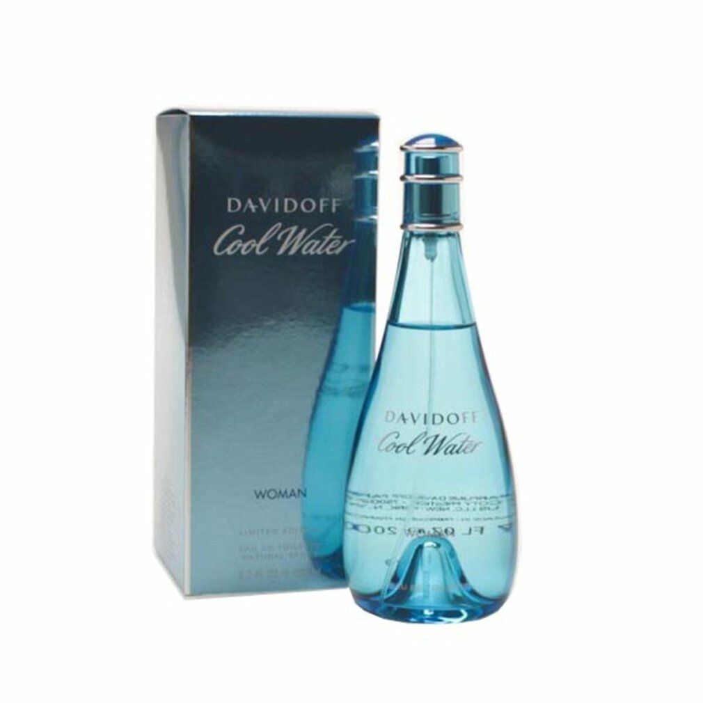 Blaue Flasche und Schachtel. Aufschrift: Davidoff Cool Water Woman. Flasche mit Sprühkopf. Hellblaue Schachtel.