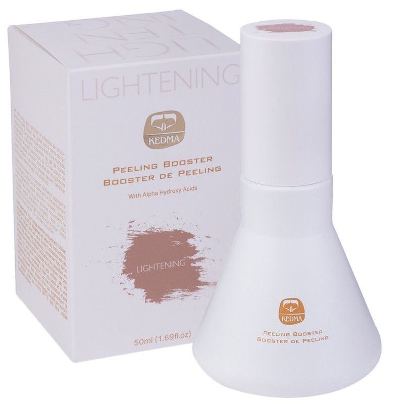 Weiße Flasche und Karton. Aufschrift: KEDMA, Peeling Booster. Mit Alpha Hydroxy Acids. 50ml. Auf dem Karton steht LIGHTENING.