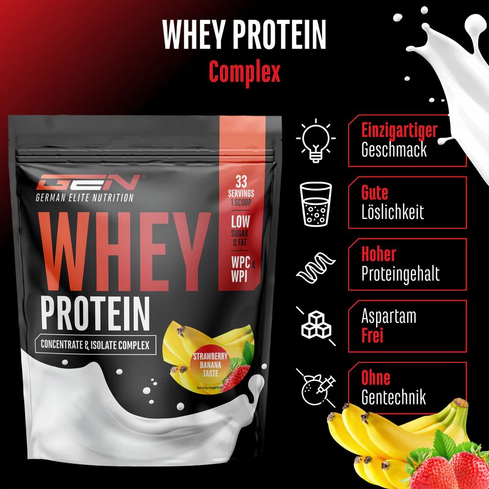 Schwarze Tüte GEN Whey Protein Komplex. 33 Portionen, Low Sugar & Fat, WPC & WPI. Mit Bananen und Erdbeeren.