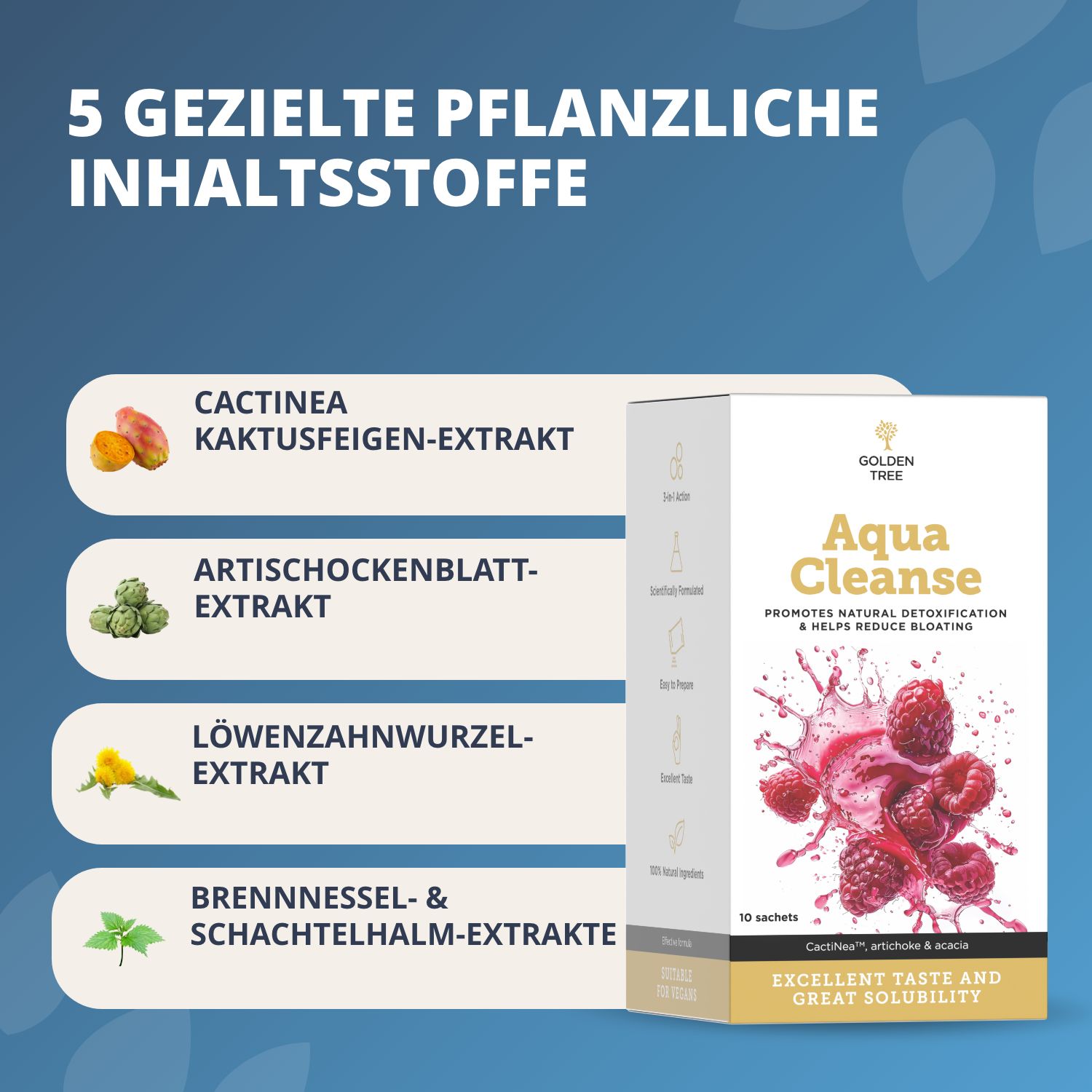 Golden Tree Aqua Cleanse: 5 pflanzliche Inhaltsstoffe, Kaktusfeigen-Extrakt, Artischocke, Löwenzahn, Brennnessel.
