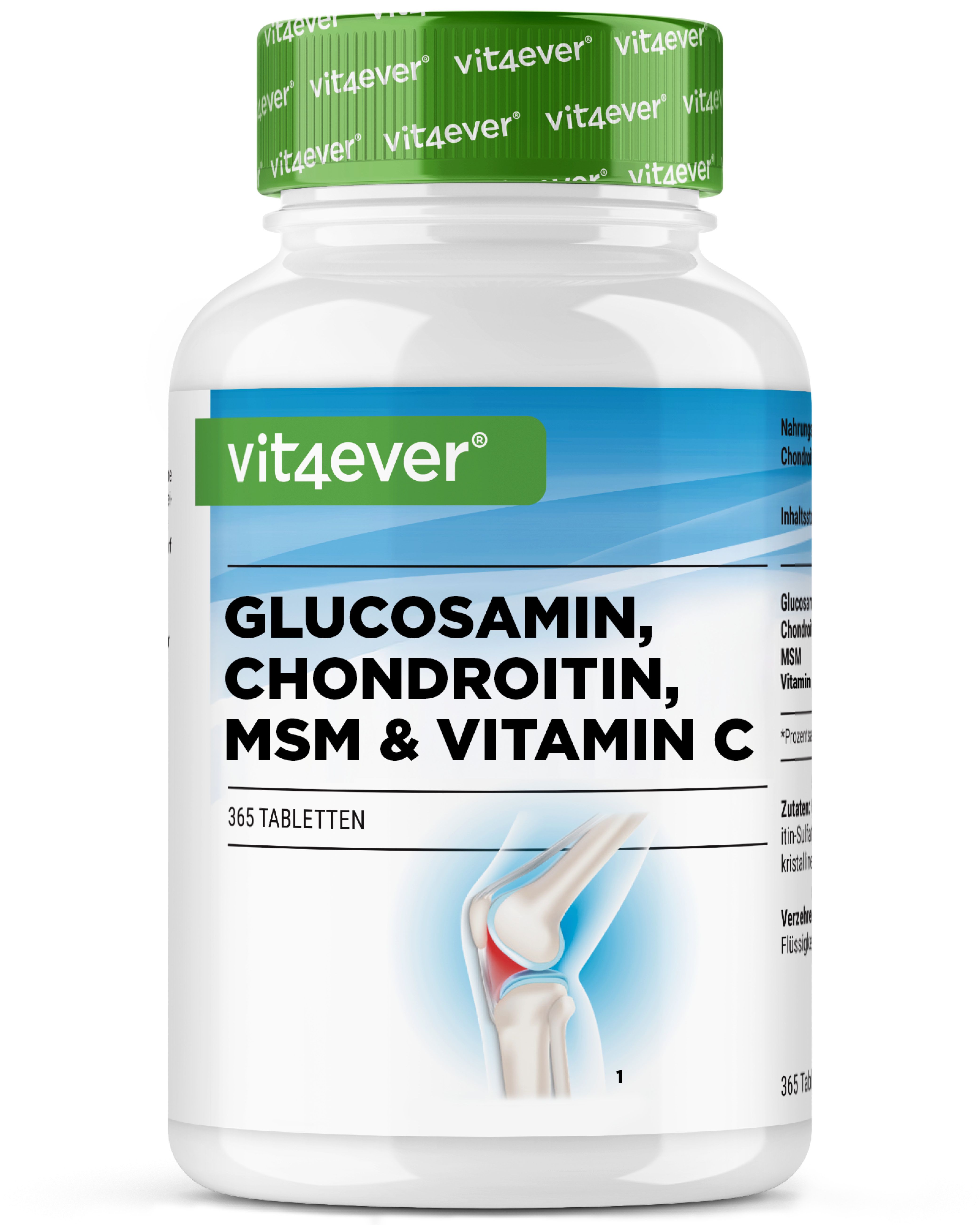 Vit4ever Glucosamin, Chondroitin, MSM & Vitamin C Dose mit 365 Tabletten. Detailansicht des Etiketts mit Inhaltsstoffen und Anwendungshinweisen.