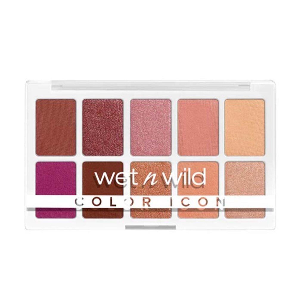 Lidschatten-Palette mit 10 Farbtönen. Rosa und rote Farbtöne. Marke: Wet n Wild. Text: Color Icon.