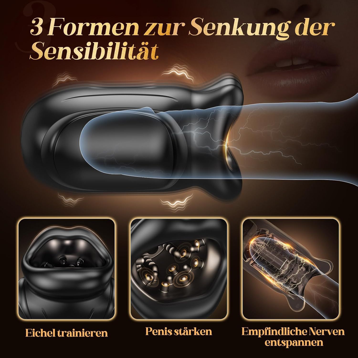 Schwarzer Mund-Vibrator mit 10 Vibrationsmodi und internen Noppen.