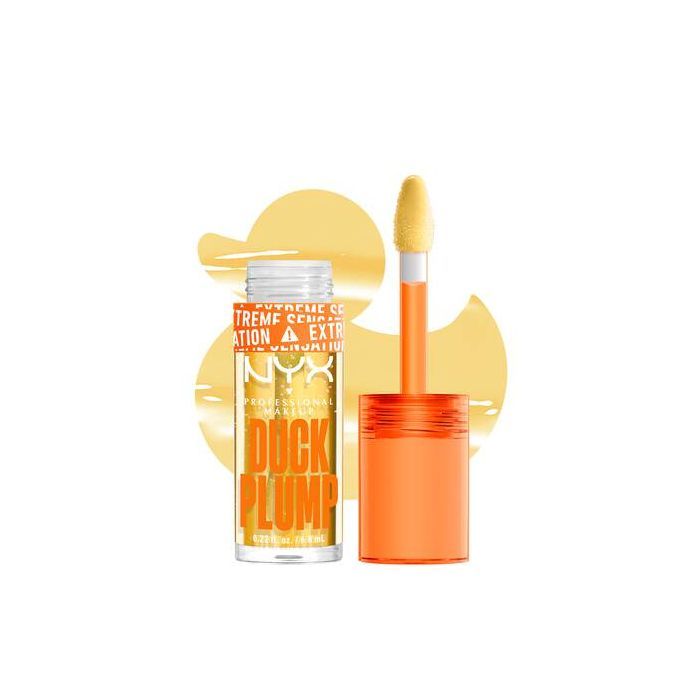 Durchsichtige Flasche mit orangefarbenem Deckel und Applikator. Aufschrift "NYX DUCK PLUMP". Gelber Hintergrund.