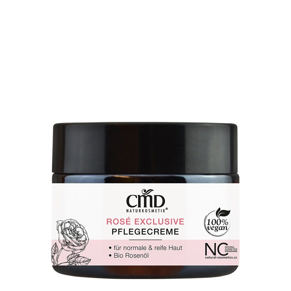 Creme-Tiegel mit schwarzem Deckel. Aufschrift: CMD Naturkosmetik, Rosé Exclusive Pflegecreme. Vegan-Siegel. Für normale und reife Haut.