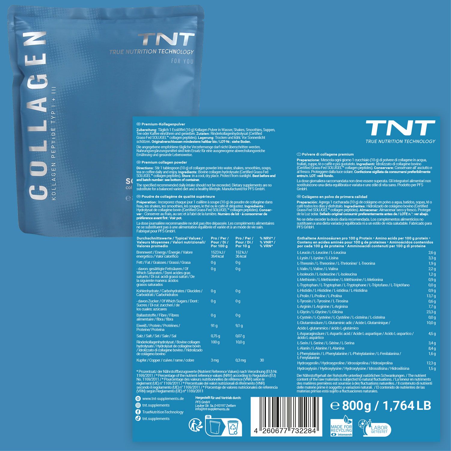 Beutel TNT Collagen und Rückseite mit Nährwertangaben. Text: 800g / 1,764 LB. Inhaltsstoffe, Nährwerte, Zubereitung, etc.