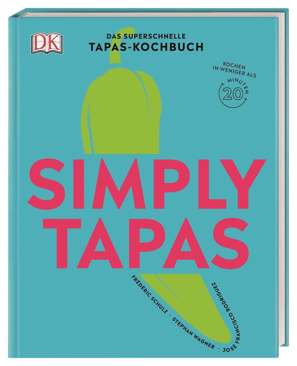 Kochbuch mit dem Titel „Simply Tapas“. Türkisblaues Cover mit pinkfarbenem Schriftzug. Logo „DK“. Kochzeit-Angabe: 20 Minuten.