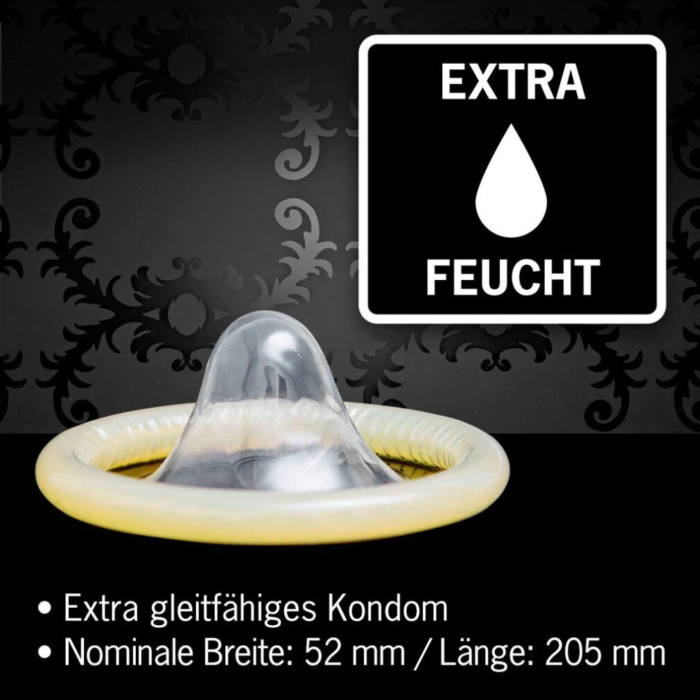 Kondom auf schwarzem Hintergrund. Text: EXTRA FEUCHT. Text unten: Extra gleitfähiges Kondom, Nominale Breite: 52 mm / Länge: 205 mm.