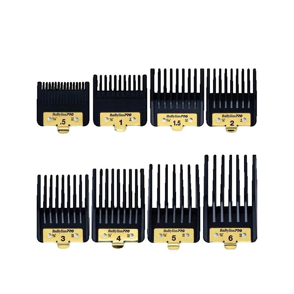 Set aus acht schwarzen Haarschneideaufsätzen. Jedes hat eine Nummer (.5 bis 6) und goldfarbene Details. Auf weißem Hintergrund.