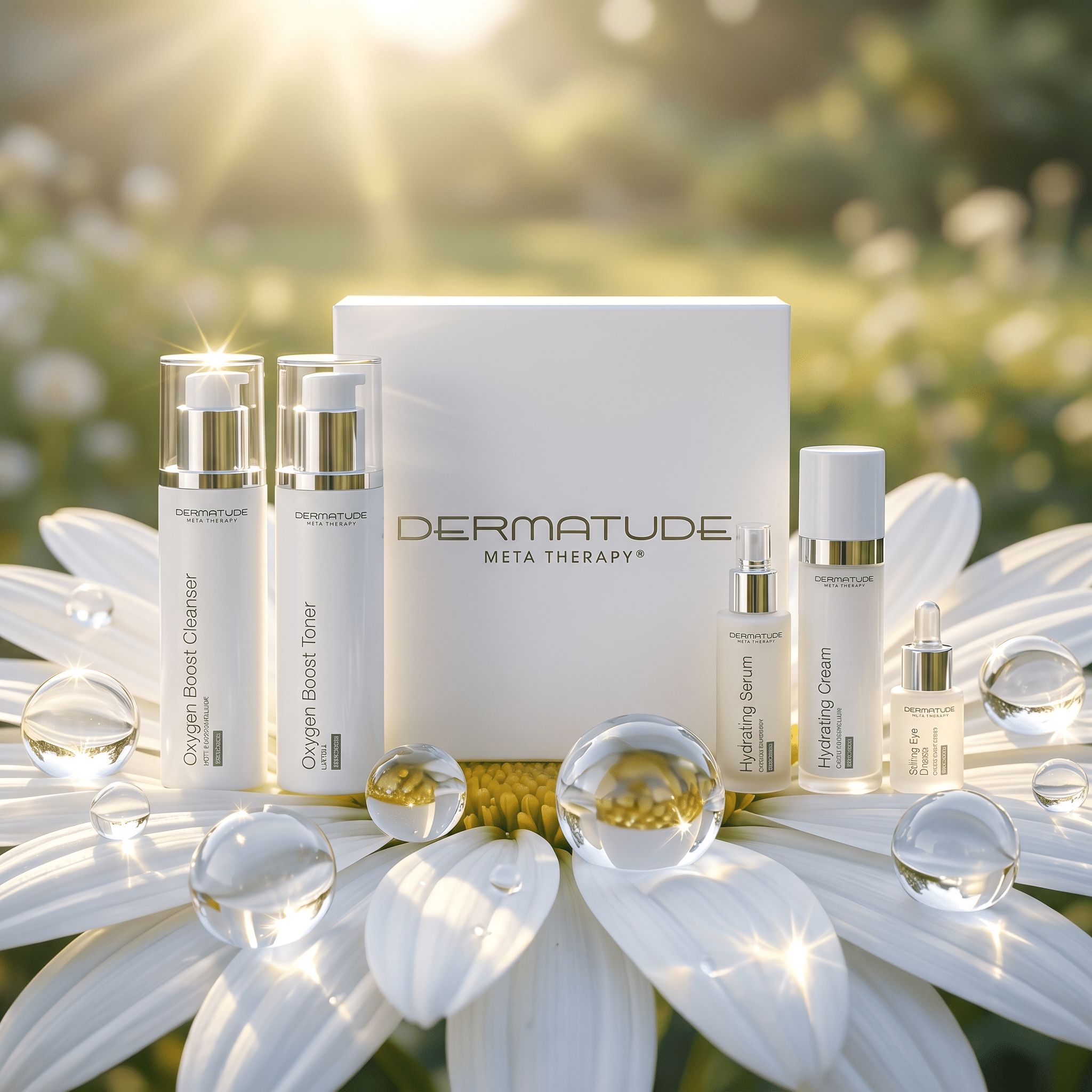 Dermatude Hydrating Skincare Set: Pumpspender und Pipettenflaschen auf einer Kamillenblüte, mit Wassertropfen und Sonnenlicht.