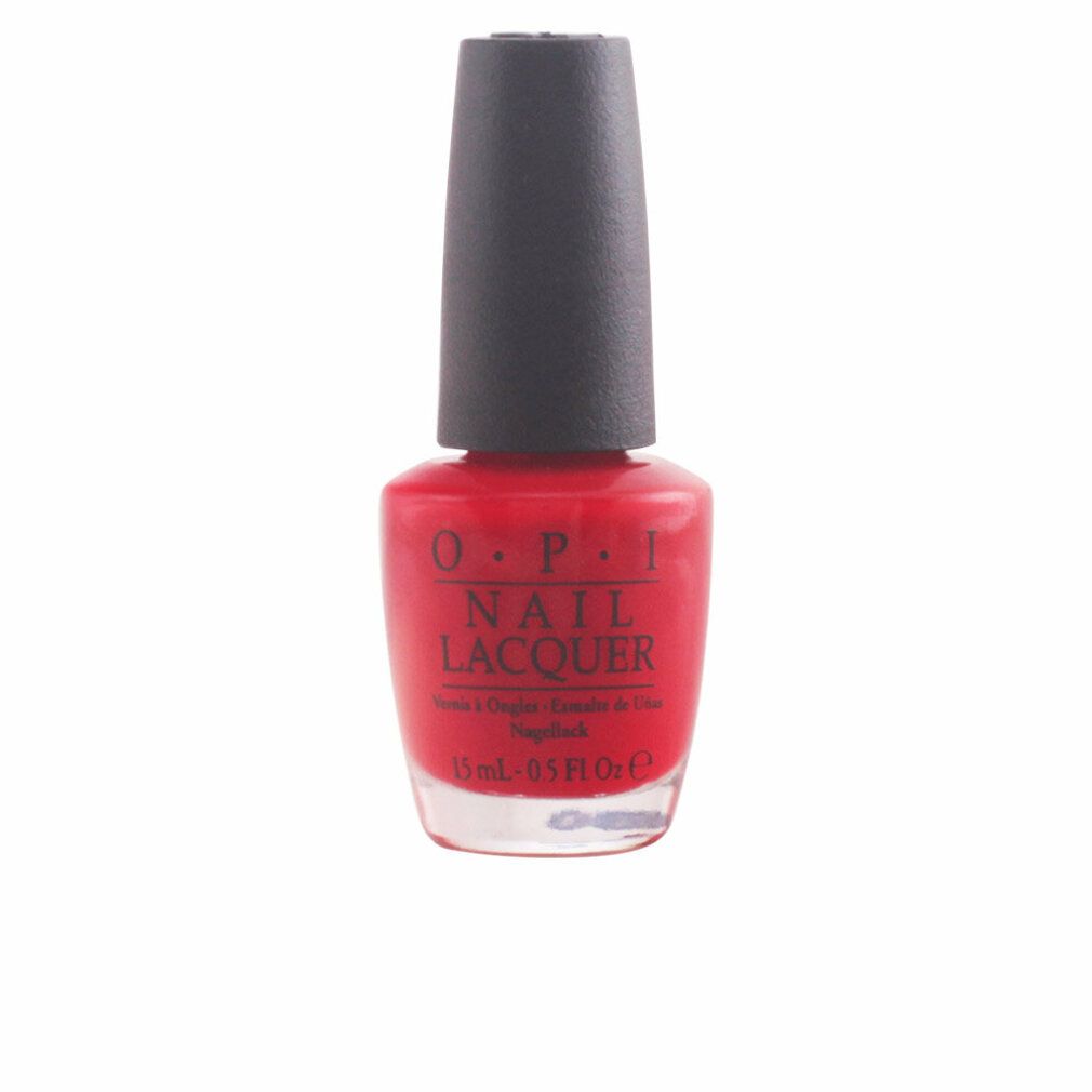 Rote Nagellackflasche mit schwarzem Deckel. OPI Nail Lacquer Schriftzug. Volumenangabe: 15 ml - 0.5 Fl Oz.
