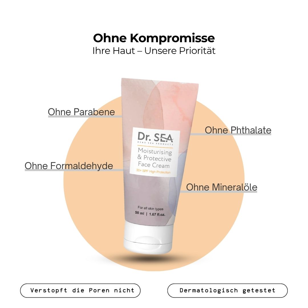 Creme-Tube mit Text. Aufschrift: Dr. SEA, Moisturising & Protective Face Cream SPF30+. Mit Text über Inhaltsstoffe.