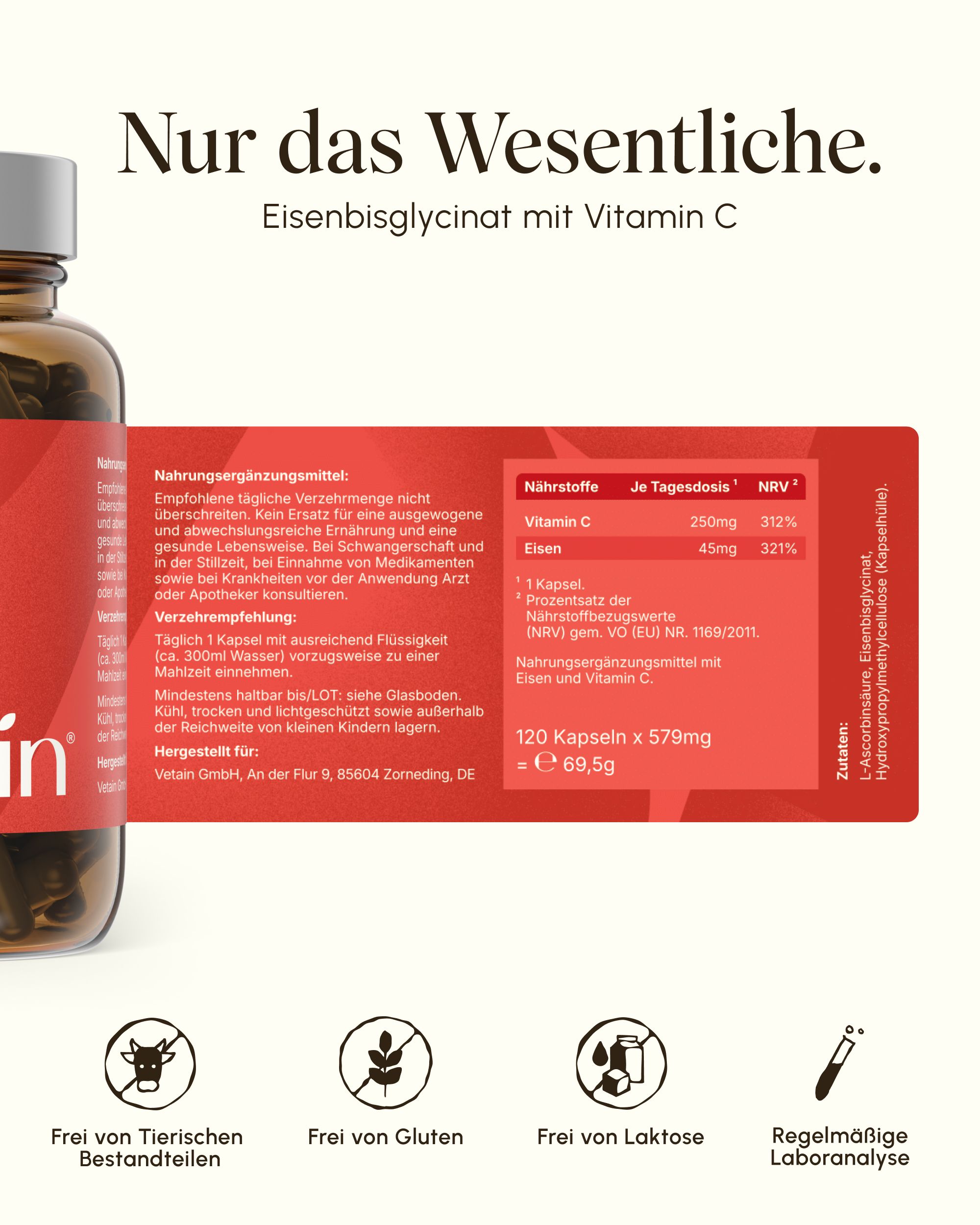Etikett mit Nährwertangaben für VETAIN Eisen + Vitamin C Kapseln. "Nur das Wesentliche."