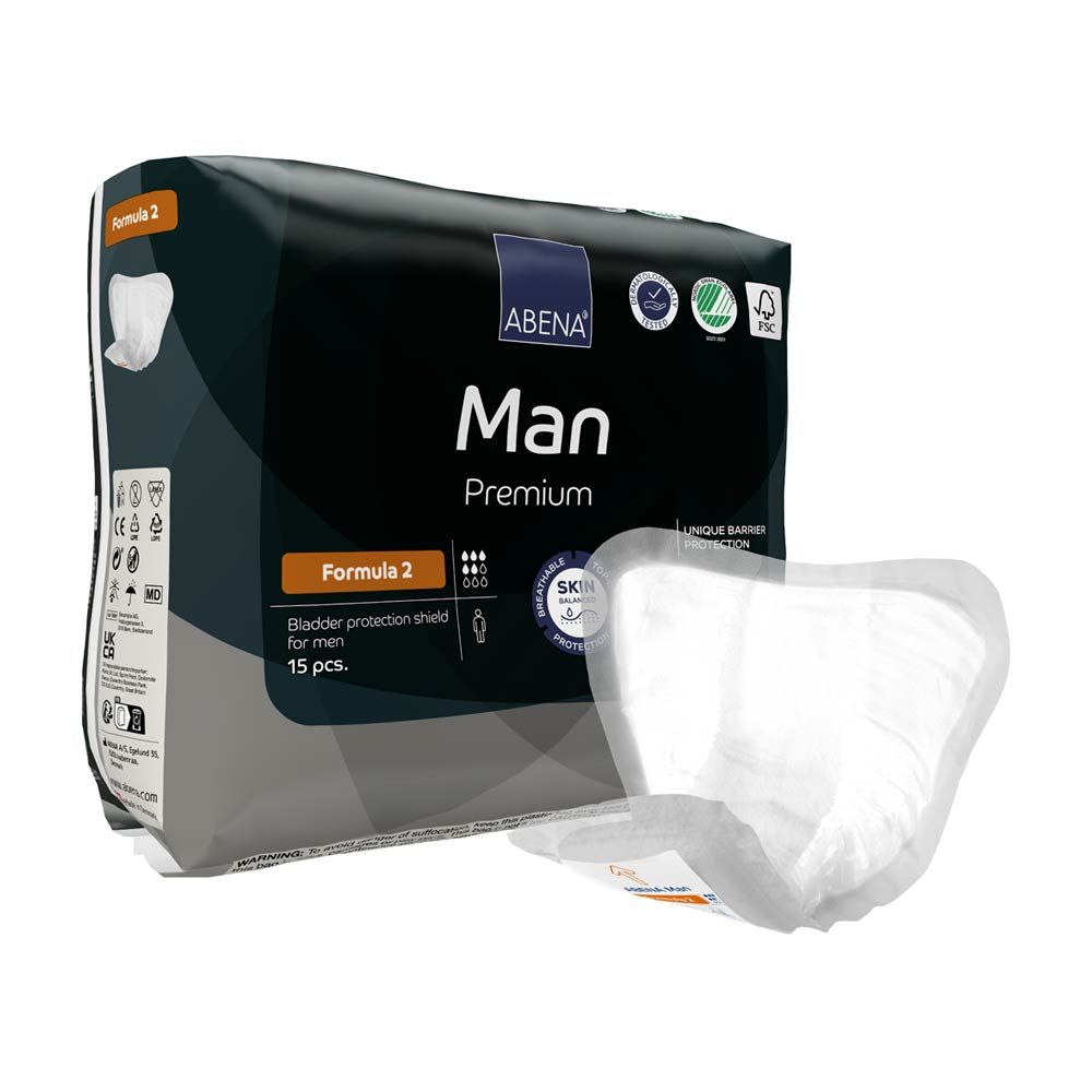 Abena Man Premium Formula 2. Verpackung mit 15 Stück. Produkt teilweise sichtbar. Blaue Verpackung mit Produktbezeichnung.