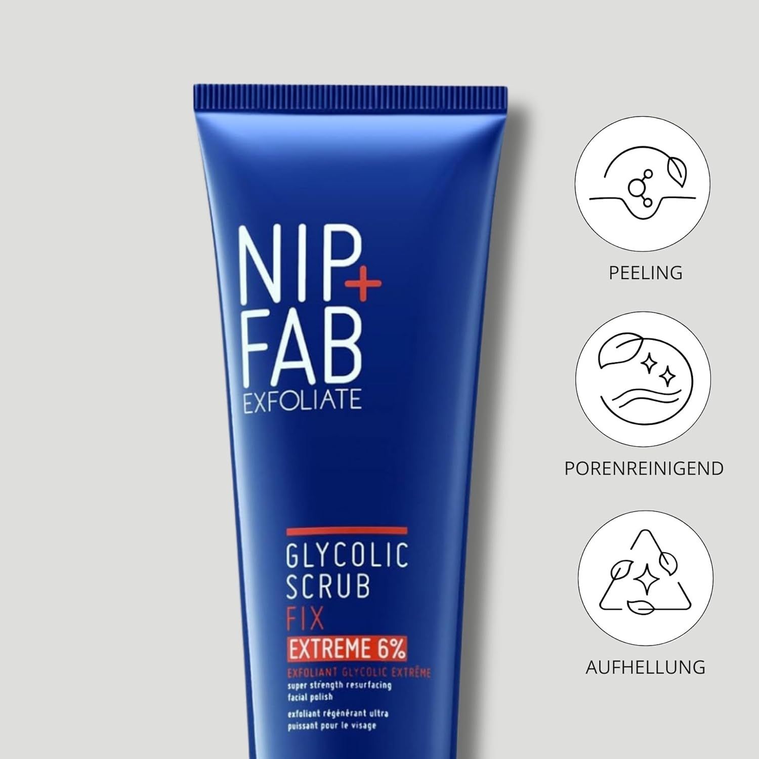 Blaue Tube mit Produktaufschrift und Icons. "NIP+FAB EXFOLIATE GLYCOLIC SCRUB FIX EXTREME 6%". Icons für Peeling, Porenreinigung und Aufhellung.