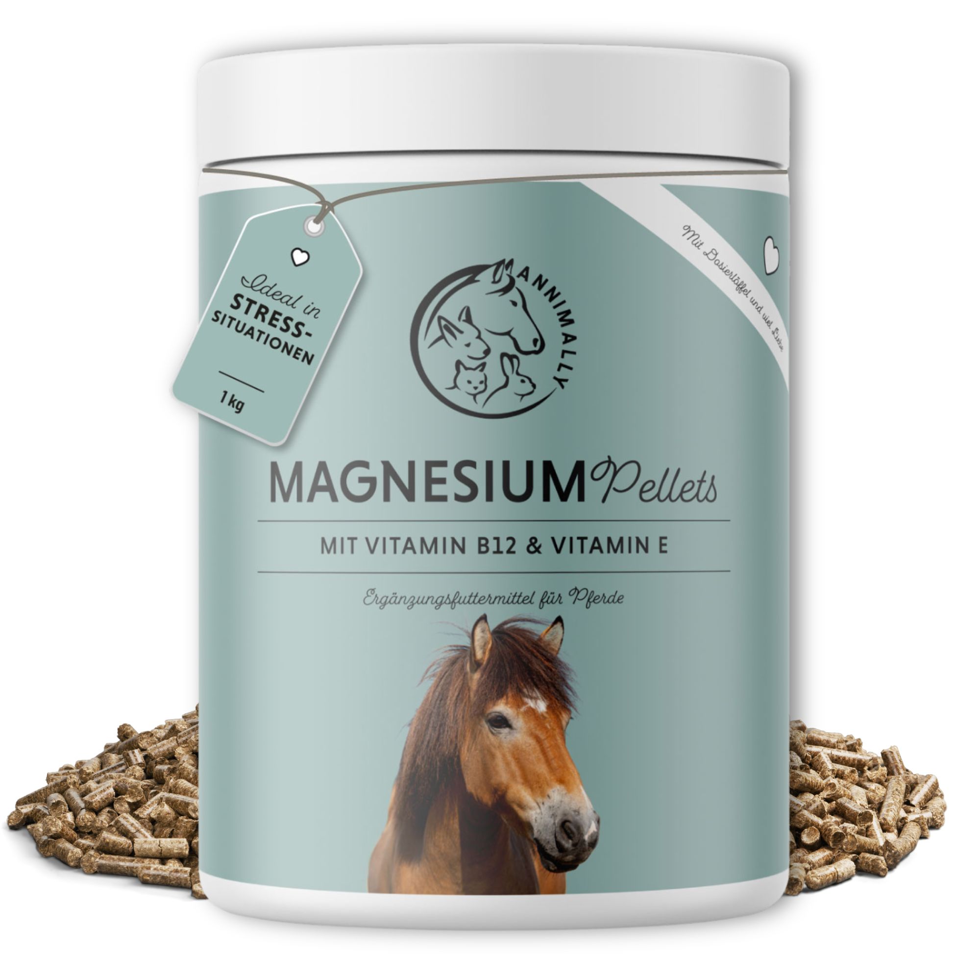 Zylinderförmige Dose mit Etikett. Aufschrift: Magnesium Pellets, mit Vitamin B12 & E. Braune Pellets daneben. Pferd abgebildet.