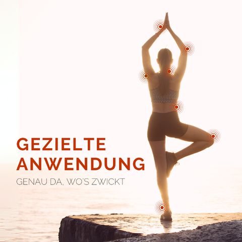 Person in Yoga-Pose. Rote Kreise um Gelenke. Text: Gezielte Anwendung. Genau da, wo's zwickt.