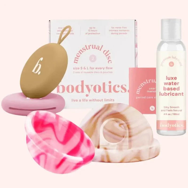 Bodyotics Gleitgel auf Wasserbasis + Beiges wiederverwendbares Menstruationsscheibenset