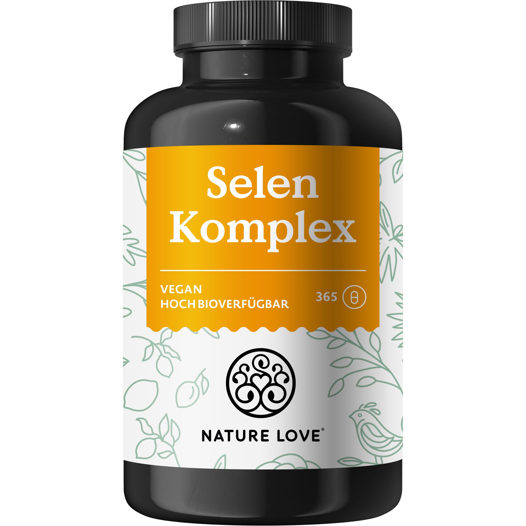 Schwarze Flasche mit gelbem Etikett. Aufschrift: Selen Komplex, vegan, hoch bioverfügbar. Marke: NATURE LOVE®.