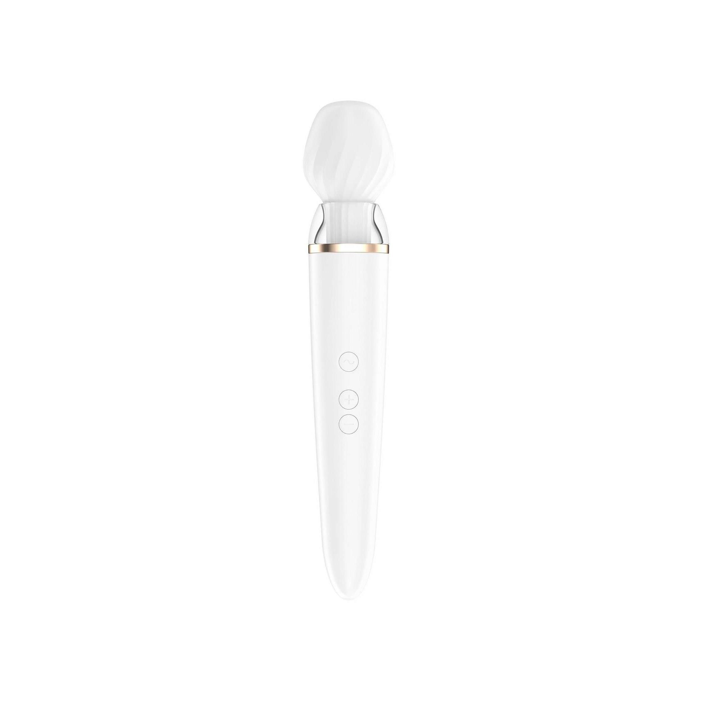 Weißer, gebogener Aufsatz für einen Vibrator.