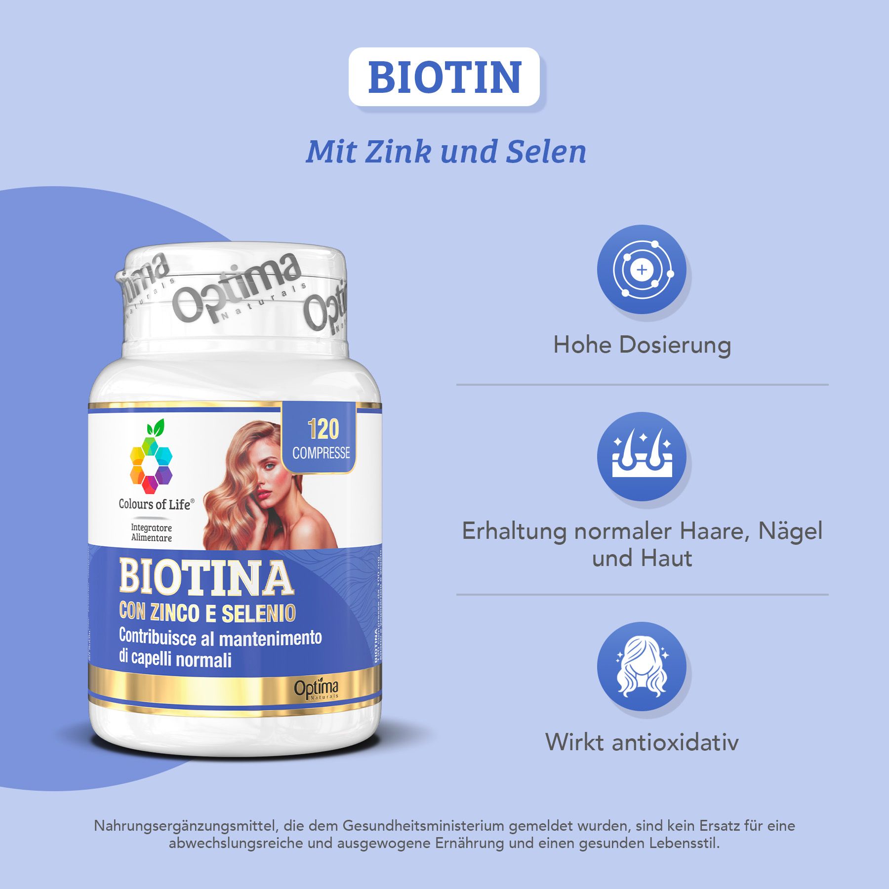 Biotin mit Zink und Selen: Hohe Dosierung, Erhaltung normaler Haare, Nägel und Haut.