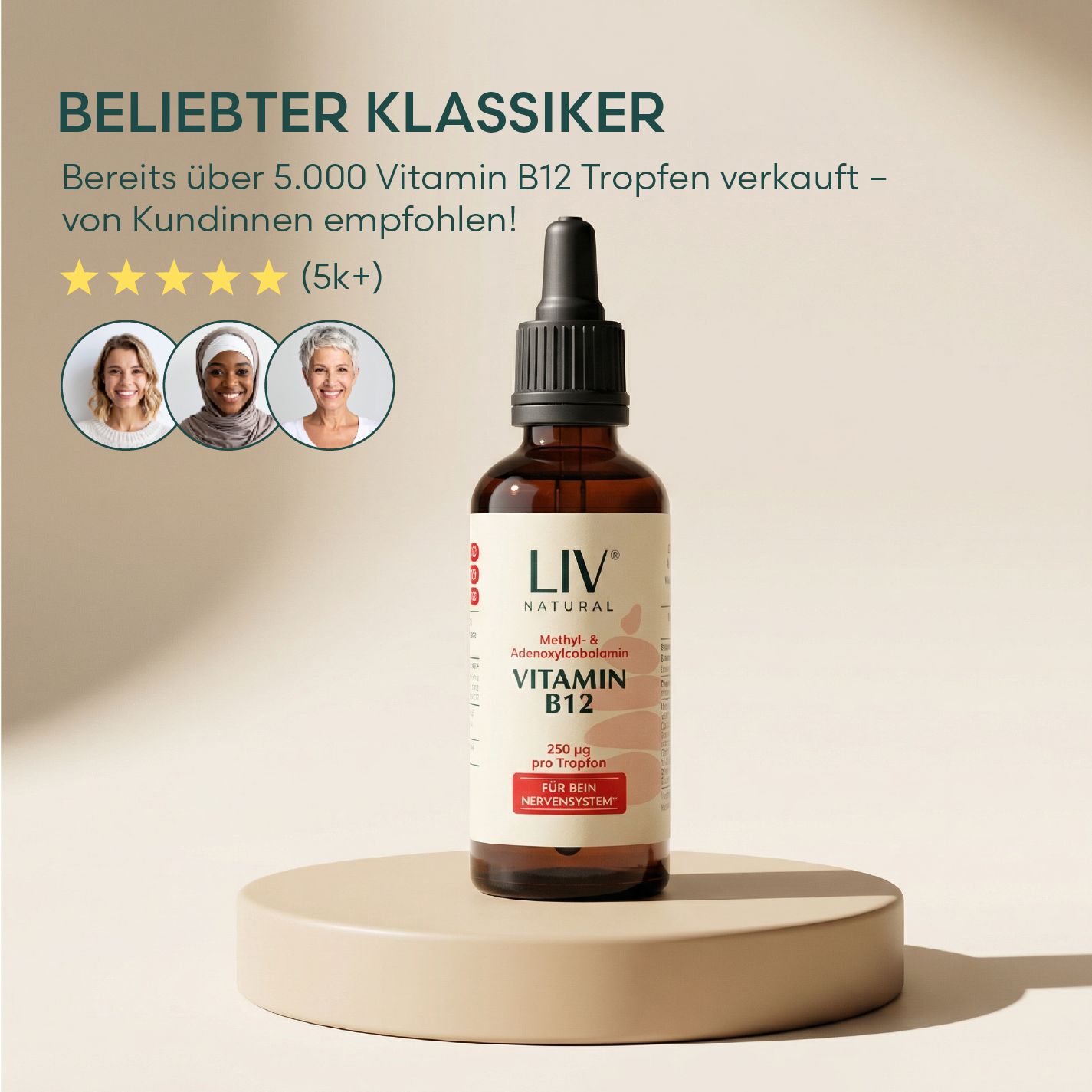 Braune Glasflasche mit Pipette. Aufschrift: LIV Vitamin B12. Auf einem Podest. Text: Beliebter Klassiker.