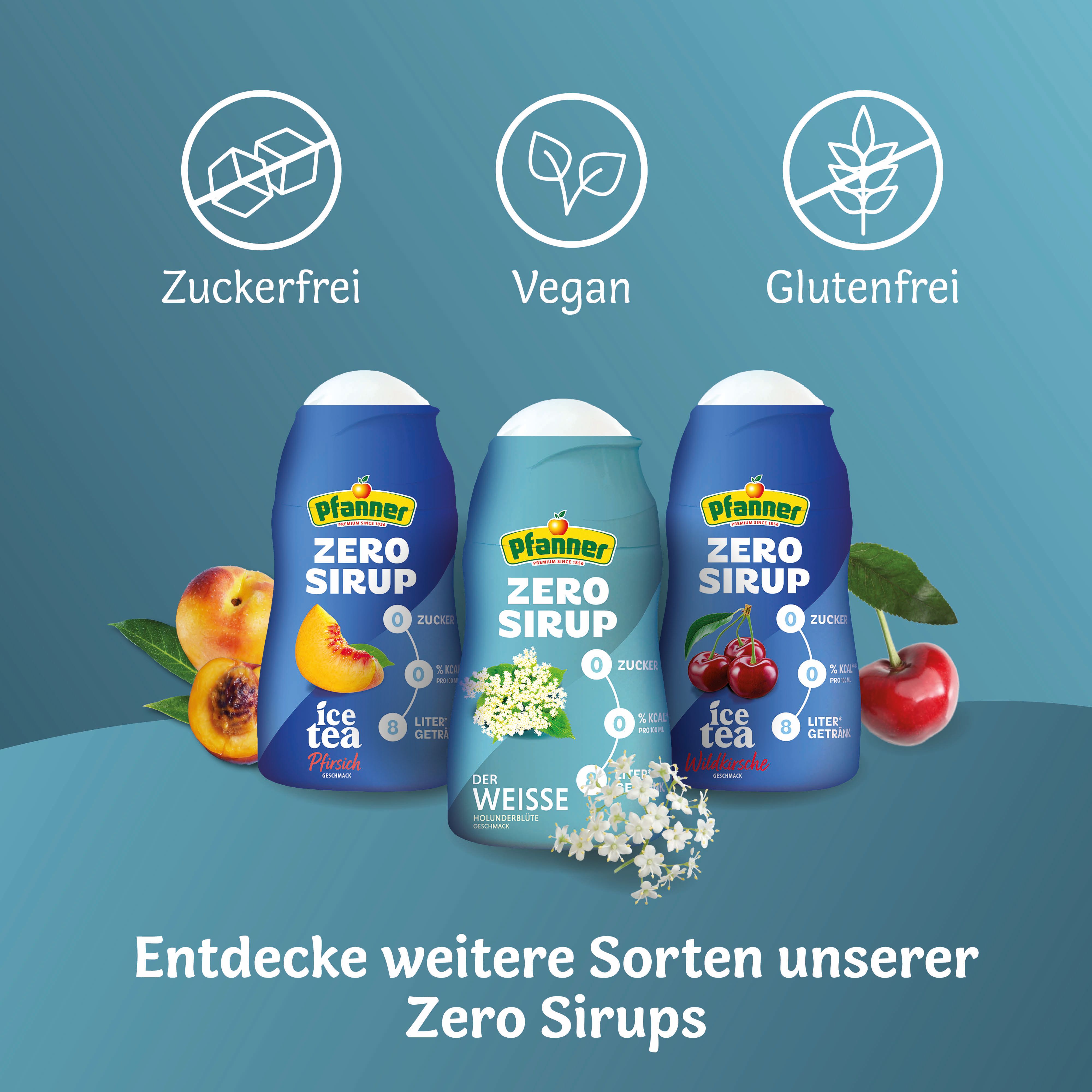 Drei Flaschen Pfanner Zero Sirup in den Sorten Pfirsich, Holunderblüte und Kirsche. Zuckerfrei, vegan, glutenfrei.