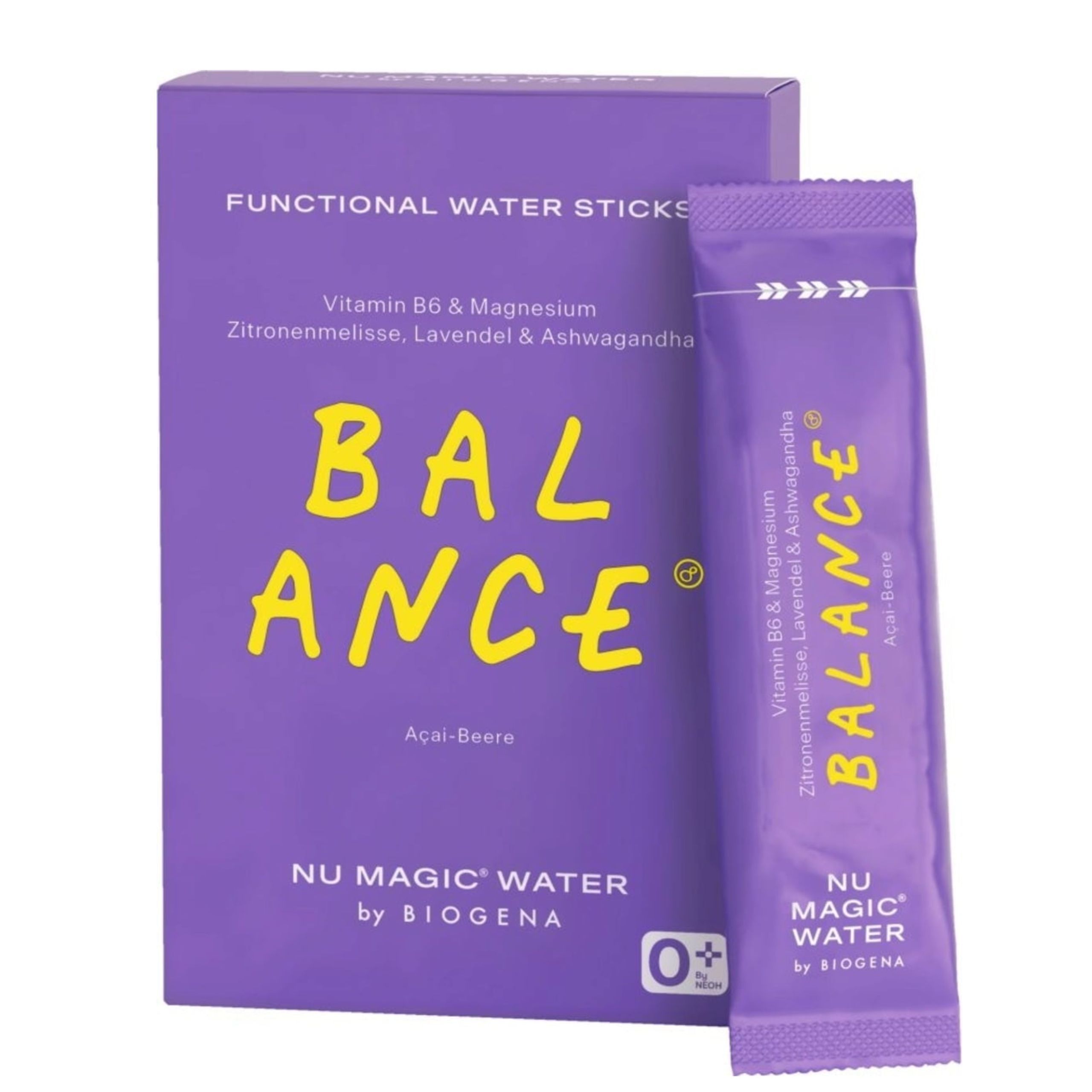 Lila Schachtel und Beutel mit "BALANCE" und "NU MAGIC WATER" von BIOGENA. Enthält Vitamin B6, Magnesium, Zitronenmelisse, Lavendel & Ashwagandha.